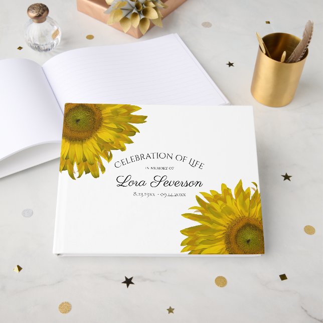 Gelbe Sonnenblumen - Gedenkfeier zum Leben Gästebuch (Vorderseite Offen)