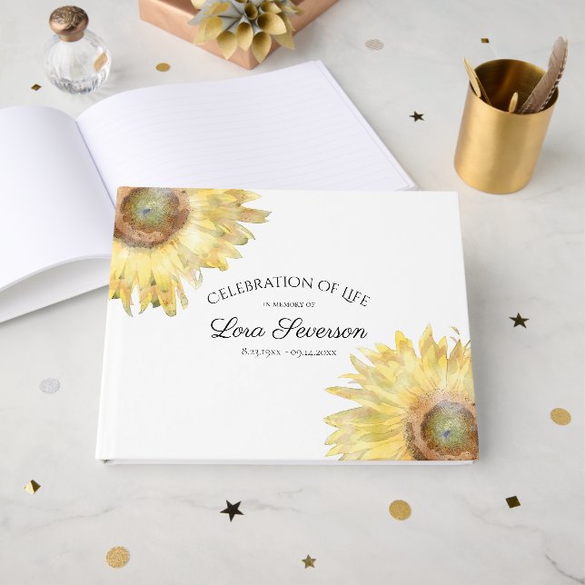 Gelbe Sonnenblumen - Gedenkfeier zum Leben Gästebuch (Vorderseite Offen)
