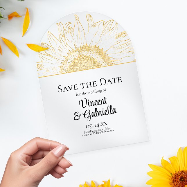 Gelbe Sonnenblumen Grafische Hochzeit Sichern Sie  Acryleinladungen (Von Creator hochgeladen)