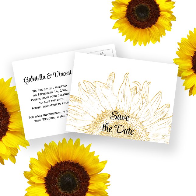 Gelbe Sonnenblumen Grafische Hochzeit Sichern Sie  Ankündigungspostkarte (Von Creator hochgeladen)
