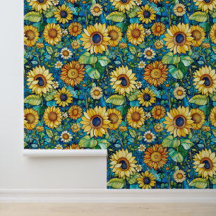 Gelbe Sonnenblumen, grüne Blätter, Klimt-Blick Tapete