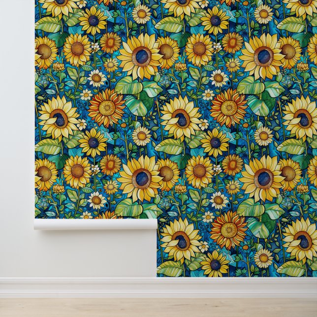 Gelbe Sonnenblumen, grüne Blätter, Klimt-Blick Tapete (Anwendung)
