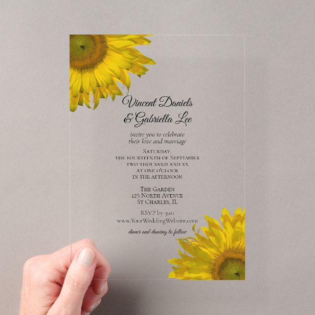 Gelbe Sonnenblumen Hochzeit Acryleinladungen (Insitu (Handheld))