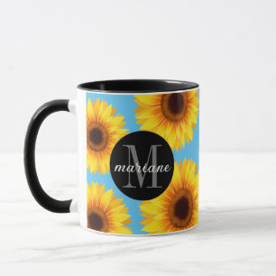 Gelbe Sonnenblumen Ihren Namen und anfänglich blau Tasse