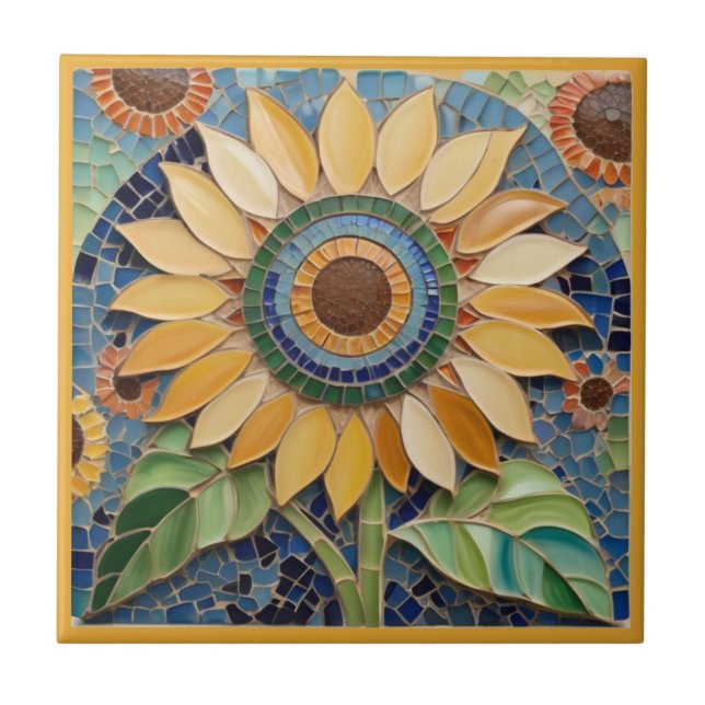 Gelbe Sonnenblumen Imitate Mosaik Blau Grün Fliese (Vorderseite)