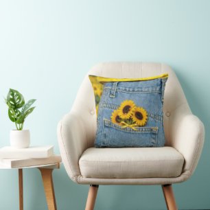 Gelbe Sonnenblumen in blauer Jeans Tasche Kissen