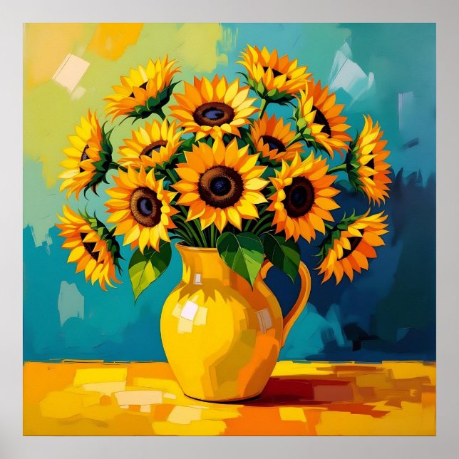 Gelbe Sonnenblumen in einer Gelbvase Poster (Vorne)