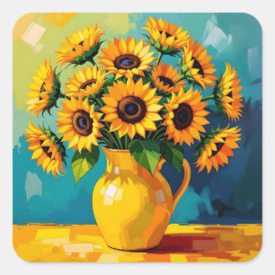 Gelbe Sonnenblumen in einer Gelbvase Quadratischer Aufkleber