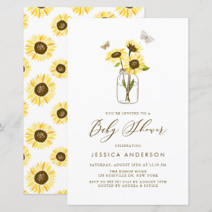 Gelbe Sonnenblumen in Mason Jar Babydusche Einladu