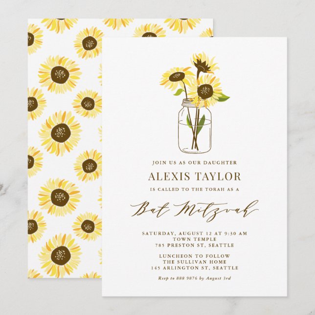 Gelbe Sonnenblumen in Mason Jar Bat Mitzvah Einladung (Vorne/Hinten)