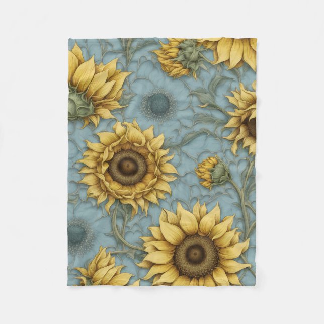 Gelbe Sonnenblumen mit blassblauem Hintergrund Fleecedecke (Vorderseite)