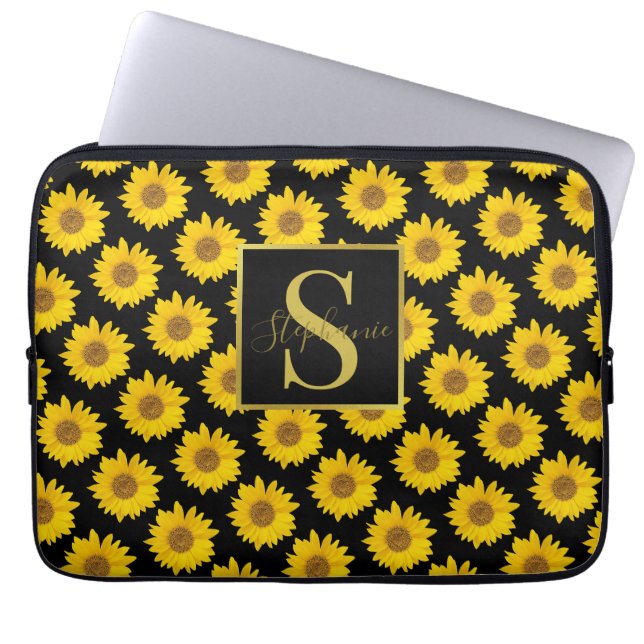 Gelbe Sonnenblumen Mit Monogramm Elektronik-Tasche Laptopschutzhülle (Vorderseite)