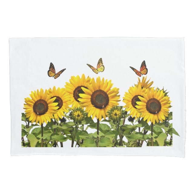 Gelbe Sonnenblumen mit Schmetterlingen Kissenbezug (Vorderseite)