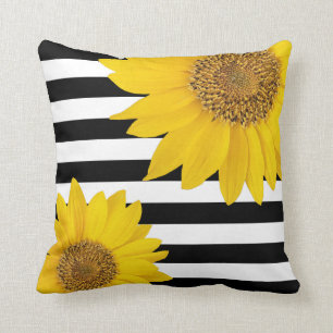 Gelbe Sonnenblumen mit schwarzen und weißen Strei Kissen