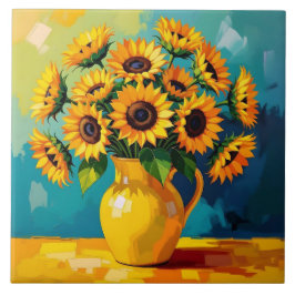 Gelbe Sonnenblumen mit türkisfarbenem Hintergrund Fliese