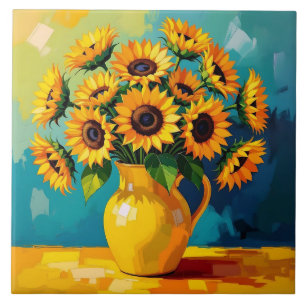Gelbe Sonnenblumen mit türkisfarbenem Hintergrund Fliese