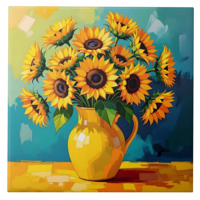 Gelbe Sonnenblumen mit türkisfarbenem Hintergrund Fliese (Vorderseite)