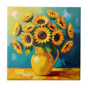 Gelbe Sonnenblumen mit türkisfarbenem Hintergrund Fliese