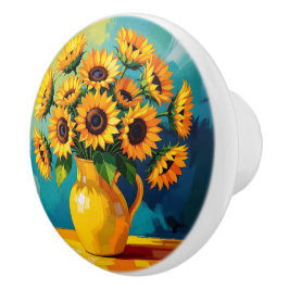 Gelbe Sonnenblumen mit türkisfarbenem Hintergrund Keramikknauf