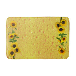 Gelbe Sonnenblumen mit Wasserregen fallen auf Glas Badematte