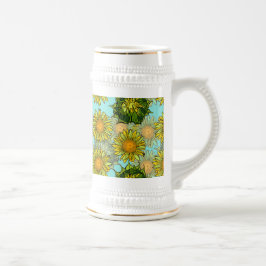 Gelbe Sonnenblumen Muster mit Foliage und Buds Bierglas