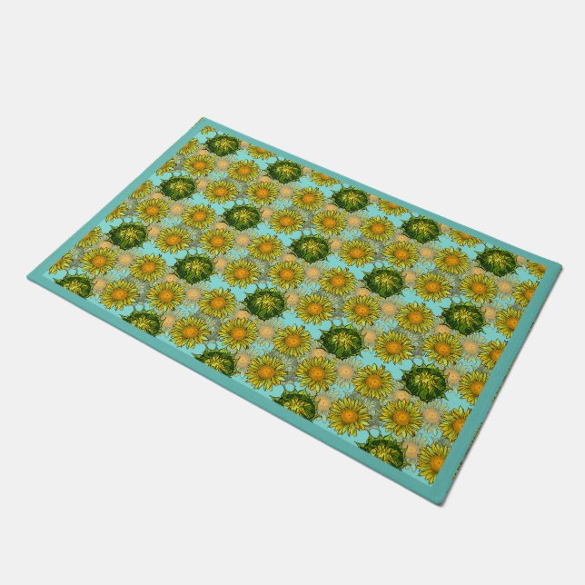 Gelbe Sonnenblumen Muster mit Foliage und Buds Fußmatte (Schrägansicht)