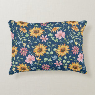 Gelbe Sonnenblumen Rosa Blumen Blau Wurf Dekokissen