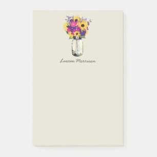 Gelbe Sonnenblumen Rosa Lila Blumenmason Jar Post-it Klebezettel