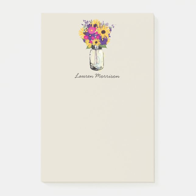 Gelbe Sonnenblumen Rosa Lila Blumenmason Jar Post-it Klebezettel (Vorderseite)