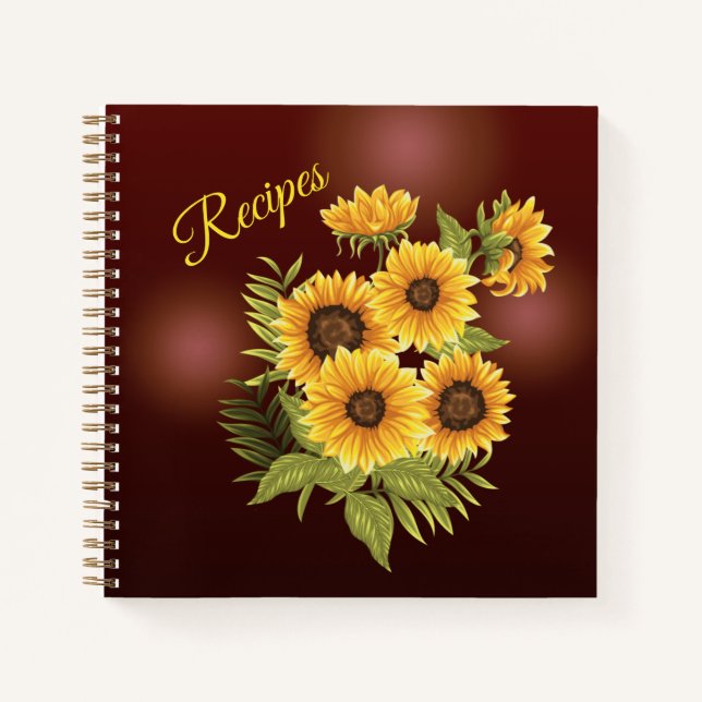 Gelbe Sonnenblumen Rustikale, braune Sommerrezepte Notizbuch (Vorderseite)