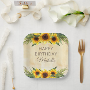 Gelbe Sonnenblumen Rustikales Land Happy Birthday Pappteller