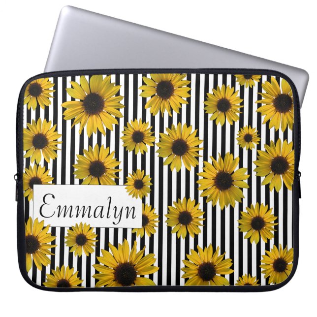 Gelbe Sonnenblumen Schwarzer Streifen Personalisie Laptopschutzhülle (Vorderseite)