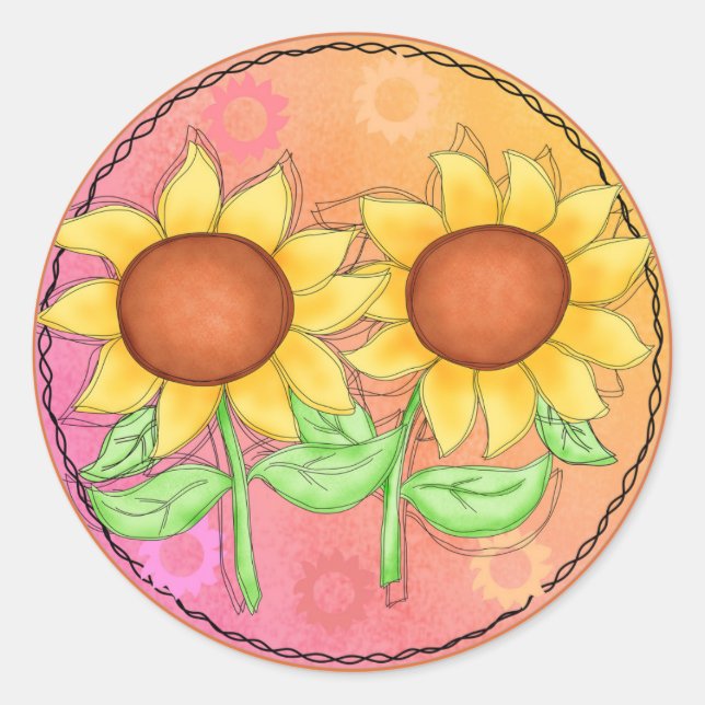 Gelbe Sonnenblumen Texturierte Rosa Grüne Blüte Runder Aufkleber (Vorderseite)