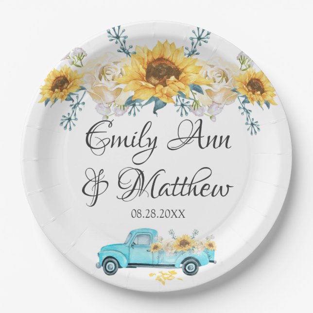 Gelbe Sonnenblumen Türkis Vintage LKW Hochzeit Pappteller (Vorderseite)