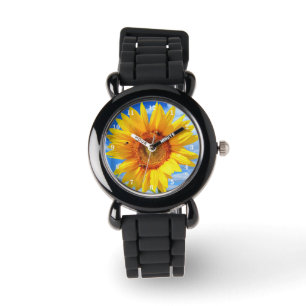 Gelbe Sonnenblumen und Bienen auf blauem Himmel - Armbanduhr