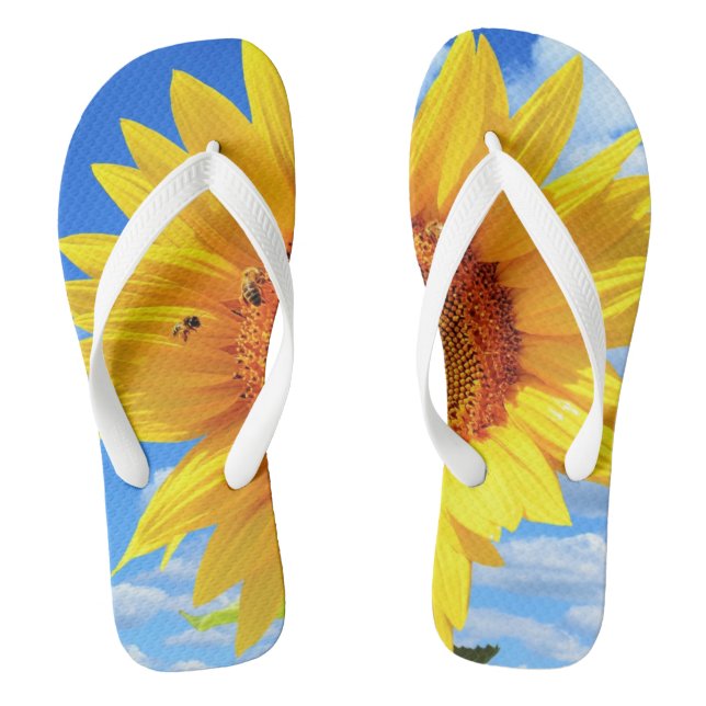 Gelbe Sonnenblumen und Bienen auf blauem Himmel -  Flip Flops (Fußbett)