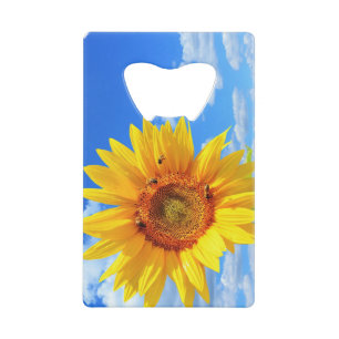 Gelbe Sonnenblumen und Bienen auf blauem Himmel -  Geldbeutel Flaschenöffner