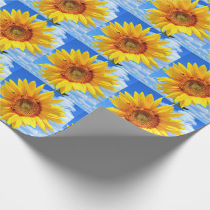 Gelbe Sonnenblumen und Bienen auf blauem Himmel -  Geschenkpapier