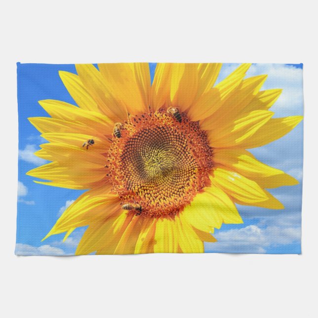Gelbe Sonnenblumen und Bienen auf blauem Himmel -  Geschirrtuch (Horizontal)