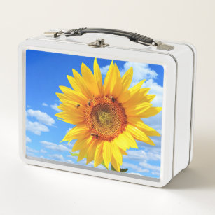 Gelbe Sonnenblumen und Bienen auf blauem Himmel -  Metall Brotdose