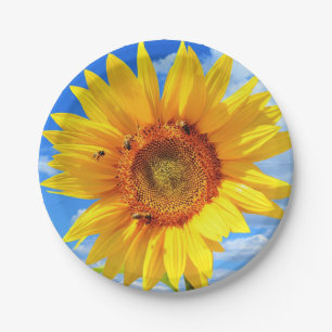 Gelbe Sonnenblumen und Bienen auf blauem Himmel -  Pappteller