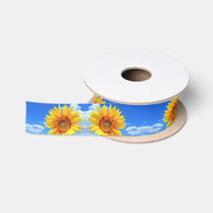 Gelbe Sonnenblumen und Bienen auf blauem Himmel -  Satinband