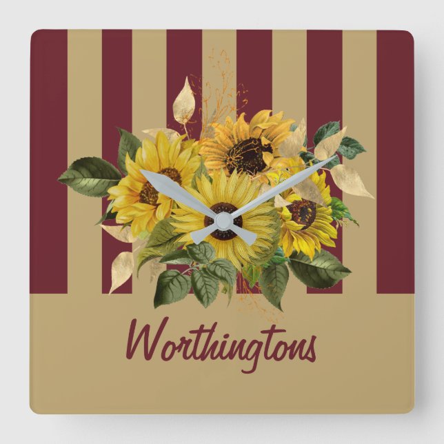 Gelbe Sonnenblumen und Burgund und Gold gestreift Quadratische Wanduhr (Vorderseite)