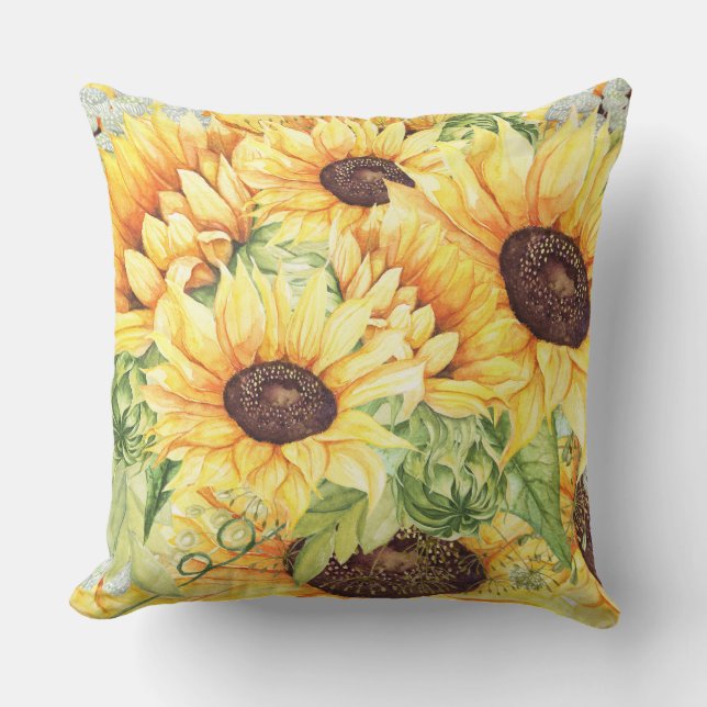 Gelbe Sonnenblumen und Grünpflanzen in Aquarelltön Kissen (Vorderseite)