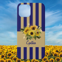 Gelbe Sonnenblumen und Navy Blau und Gold gestreif