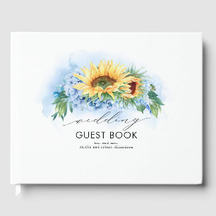 Gelbe Sonnenblumen und trockene blaue Hydrangea Gästebuch