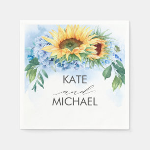 Gelbe Sonnenblumen und trockener blauer Hydrangea  Serviette