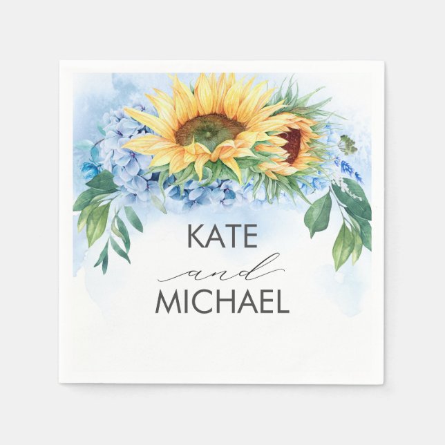 Gelbe Sonnenblumen und trockener blauer Hydrangea  Serviette (Vorderseite)