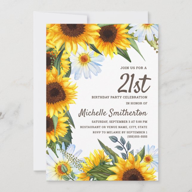 Gelbe Sonnenblumen Weiße Daisies 21. Geburtstag Einladung (Vorderseite)