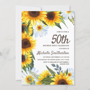 Gelbe Sonnenblumen Weiße Margeriten 50. Geburtstag Einladung